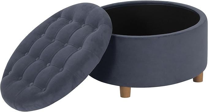 HomePop Home Decor | Button Tufted Velvet Round Storage Ottoman | Ottoman with Storage for Living Room & Bedroom, Steel Blue Velvet