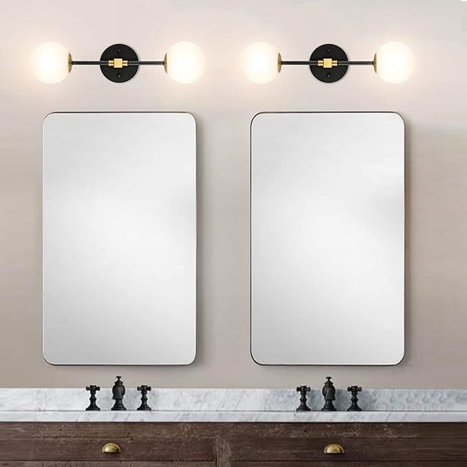 Modern Wall Sconce 2-Lights Industrial Mid Century Bathroom Vanity Wall Light with White Globe Glass Shade Gold & Black Finished Lighting Fixture