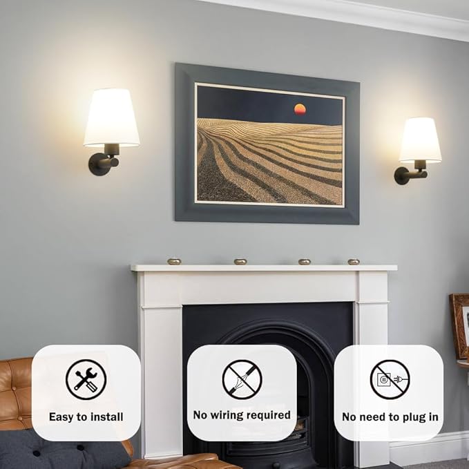 Battery Operated Wall Sconce Set of Two, Black Wireless Sconces Wall Lighting with Fabric, Battery Sconces Wall Decor with Remote Control, Dimmable Wall Light for Bedroom Living Room, Bulb Included