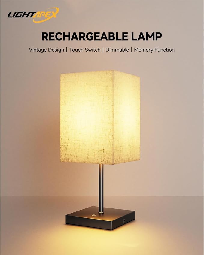 Lightapex Vintage Small Cordless Table Lamps with Stepless Dimming, Portable Rechargeable Bedside Lamps with Touch-Control for Bedroom, Living Room, and Reading, Cube(Black)