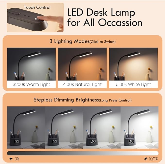 WILIT LED Desk Lamp for College Dorm Room Essentials, Students Study Lamp with Charging Station, Pen Holder, Clock & RGB Night Light, Office Desk Accessories, Table Lamp for Bedroom - Gray