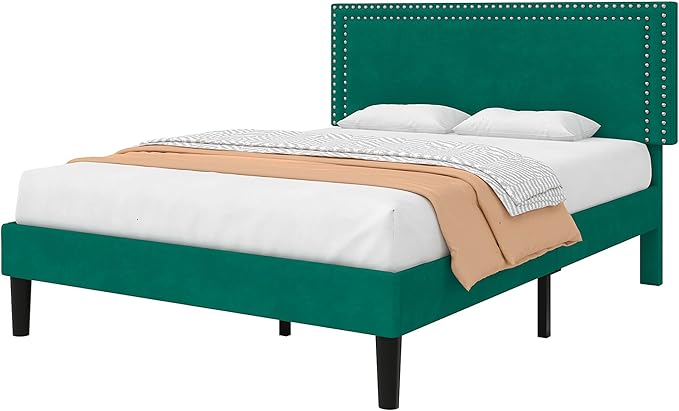 VECELO Full Size Bed Frame with Adjustable Upholstered Headboard, Wooden Slats Platform, Noise-Free Design, Easy Assembly