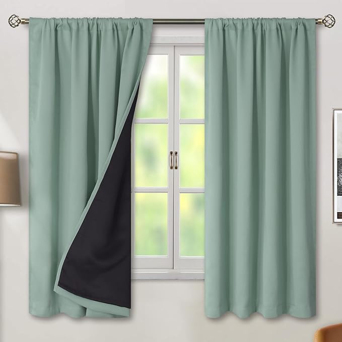 BGment Blackout Curtains with Thermal Insulation Liner Curtains 63 Inches Long, Rod Pocket and Back Tab Double Layer Room Darkening Window Curtain for Bedroom(42 x 63 Inch, 2 Panels, Frosty Green)