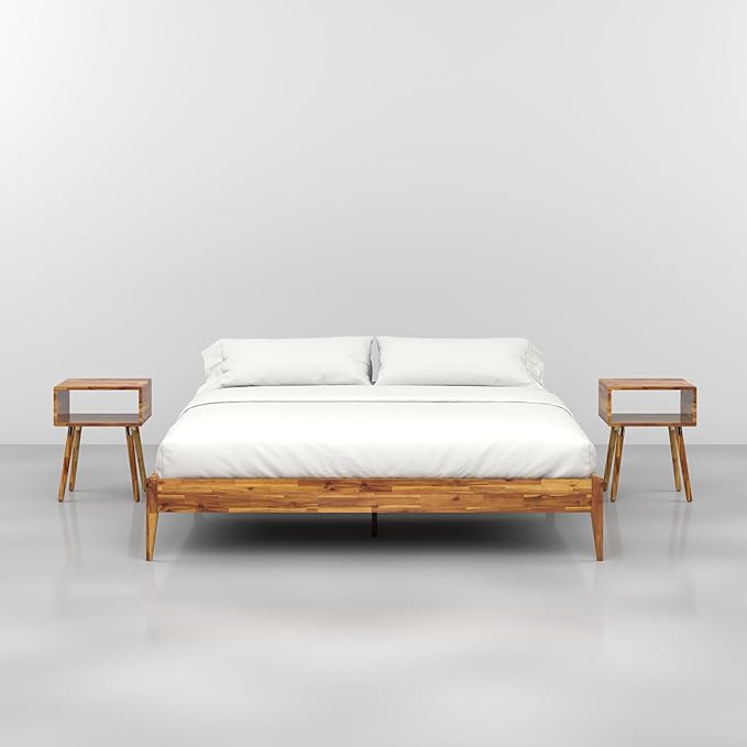 Bme Dinkee King Bed Frame Wood 15 Inch - Solid Wood Platform Bed Frame - Japanese Joinery Bed - Modern & Minimalist Style - Wood Slat Support - Easy Assembly - No Box Spring Needed - Caramel