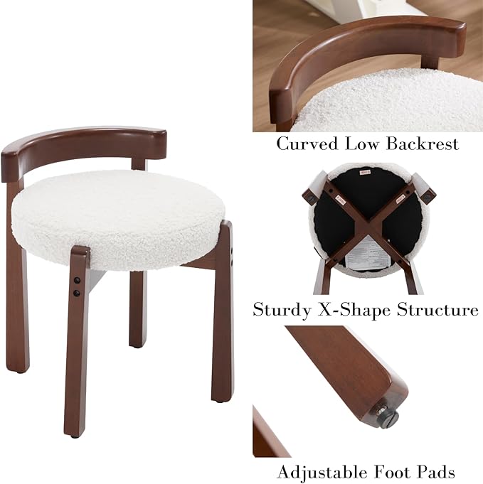 DUOMAY Modern Boucle Vanity Stool, Upholstered Low Back Ottoman with Solid Wood Legs Cute Round Footrest Makeup Stool Dressing Seat for Living Room Bedroom, White