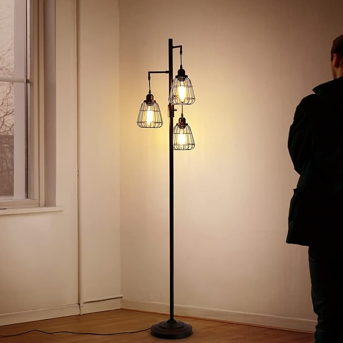 9MMML 68” Living Room Floor Lamp, Industrial Farmhouse 3 Teardrop Cage Standing Lamp,Black Tall Floor Lamp for Bedroom Office, 3 LED Edison Bulbs Included