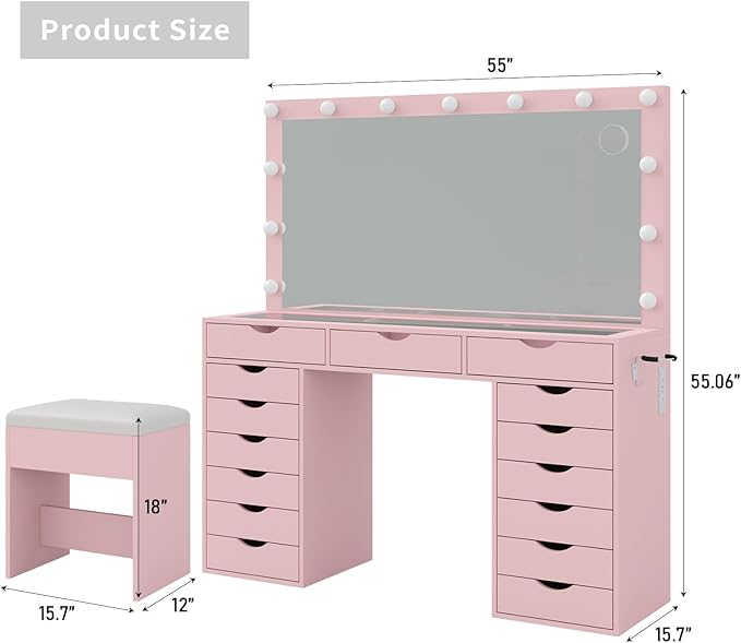 15 Drawers Vanity Desk with Power Outlet, Makeup Table with Mirror and 13 LED Lights, 3 Color Lighting Modes, Brightness Adjustable, Glass Top Dressing Table, Vanity Set for Bedroom, Pink