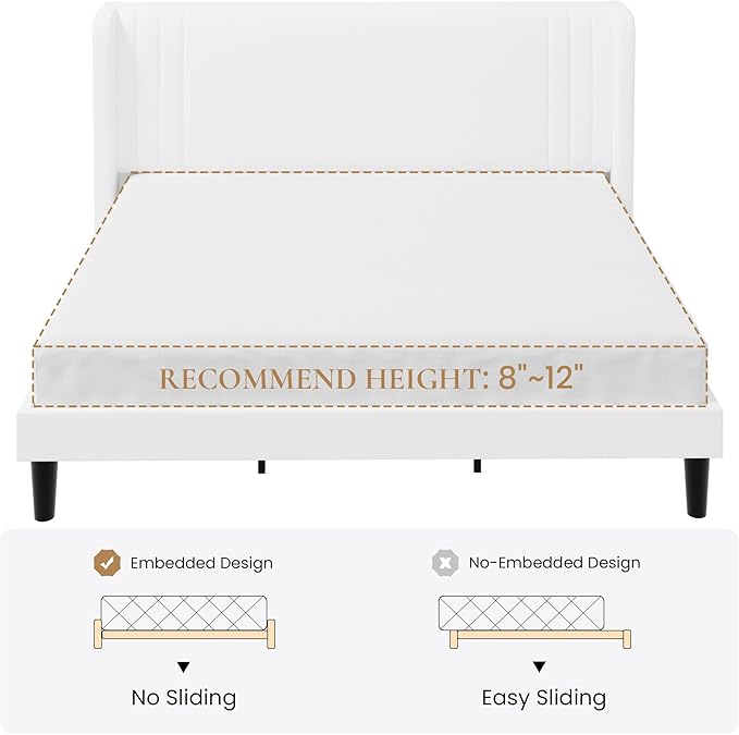 SHA CERLIN King Size Velvet Upholstered Platform Bed Frame with Vertical Channel Tufted Wingback Headboard, Wooden Slats Support, Easy Assembly, Under Bed Storage, No Box Spring Required, White