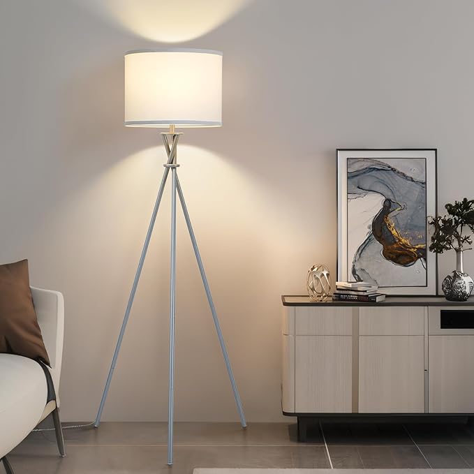 Tripod Floor Lamp Silver, 61”Tall Floor Lamps, Standing Lamp with Rotary Switch, Modern Floor Lamp Simple Design with White Shade, Floor Lamps for Living Room, Bedroom, Office, Without Bulb