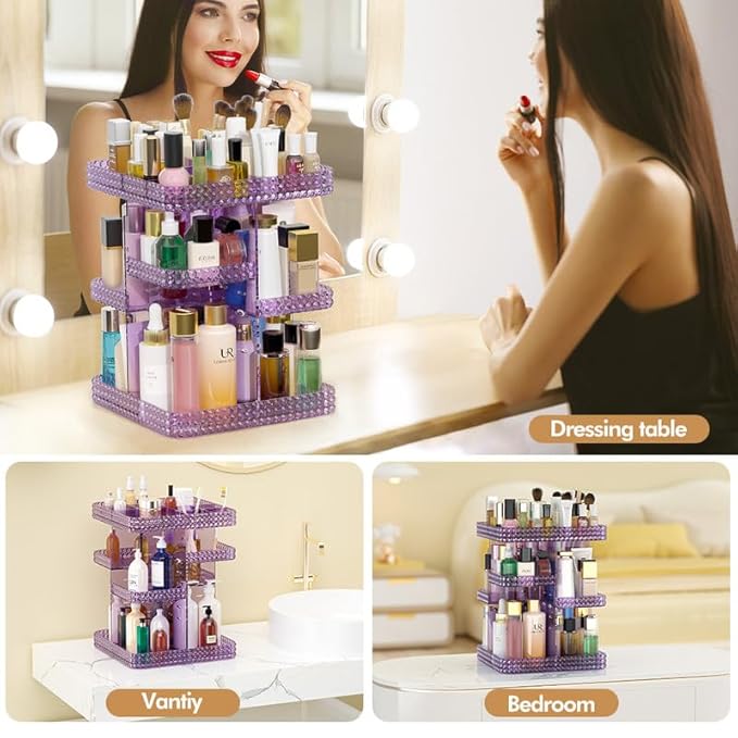Makeup Perfume Organizer - 360 Rotating Acrylic Cosmetic Storage Make Up Organizer with Lazy Susan for Vanity & Dresser Countertop (Purple)
