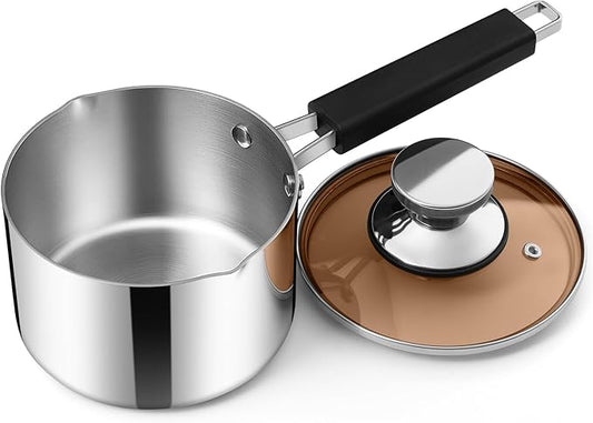 E-far 1 Quart Sauce Pan with Lid, Stainless Steel Tri-Ply All Clad Small Cooking Pot with Pour Spout, Multipurpose Induction Saucepan & Stay-Cool Handle, Compatible with All Cooktops, Dishwasher Safe