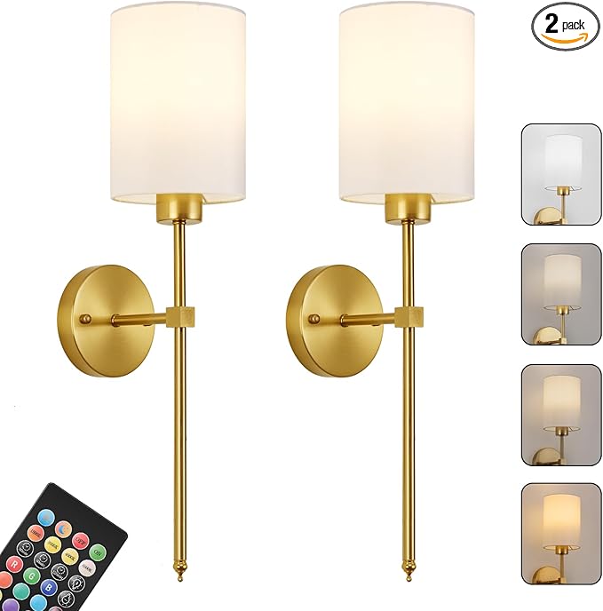 Battery Operated Wall Sconce Set of Two,Wireless Rechargeable Wall Light With Remote Control, Dimmable, 1800K/3000K/4000K/6000K/RGB, Timer, for Living Room, Bedroom, Fireplace, TV, 26.8 Inch, Gold