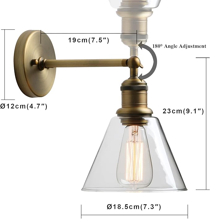 Yosoan Indoor Wall Sconce Fixture Light, 1-Light Modern Single Antique Brass Vintage Industrial Hardwired with Funnel Flared Clear Glass Shade Lamp for Bathroom Sink Porch Kitchen Living Room(Antique)
