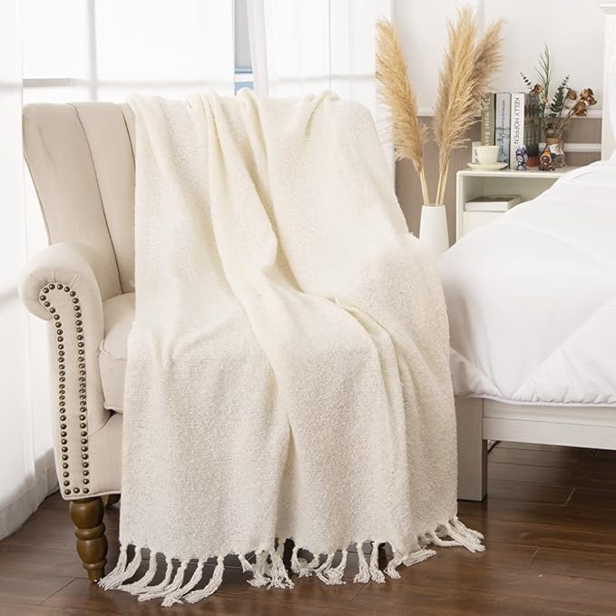 Gealaek Decorative Fluffy White Throw Blanket Cream Fringe Lightweight Faux Cashmere Fuzzy Soft Cozy Throws for Sofa Bed Farmhouse 50" x 60"