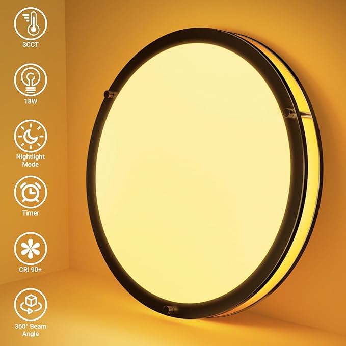 libtit 10Inch Flush Mount Ceiling Lights with Remote, 18W Dimmable LED Ceiling Light with Nightlight and Timer, 3000K-6500K Adjustable Black Light Fixture for Closet Kitchen Hallway Bathroom-1Pack