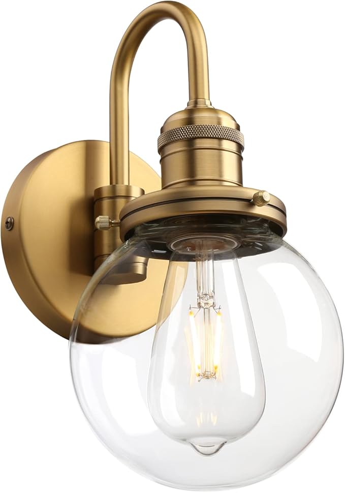 Industrial Vintage Gooseneck Wall Sconce 1-Light with 5.9” Round Clear Glass Globe Shade Indoor Wall Mounted Lamp Fixture