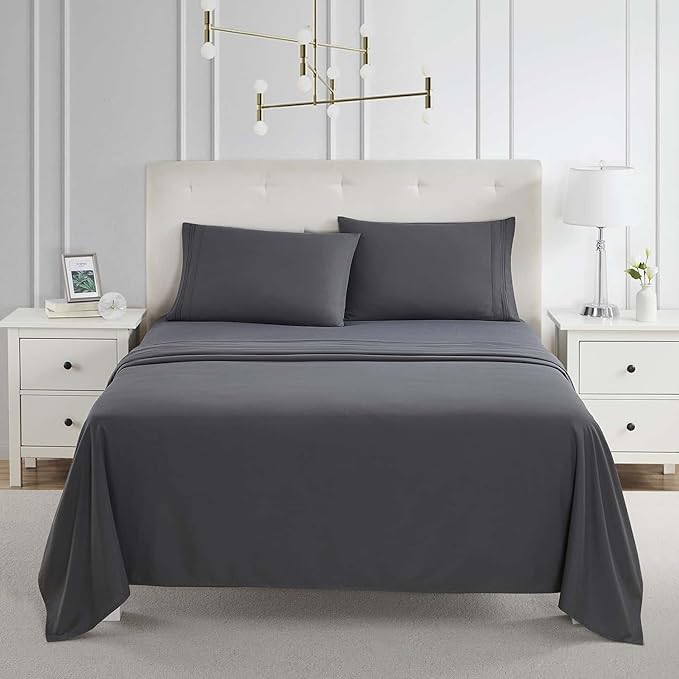 Clara Clark Bed Sheets, Premier 1800 Series 4 Piece Bed Sheet Set, Deep Pocket, Wrinkle, Fade, Stain Resistant, Luxury Soft Bedding Sheets & Pillowcases, Twin, Charcoal Gray