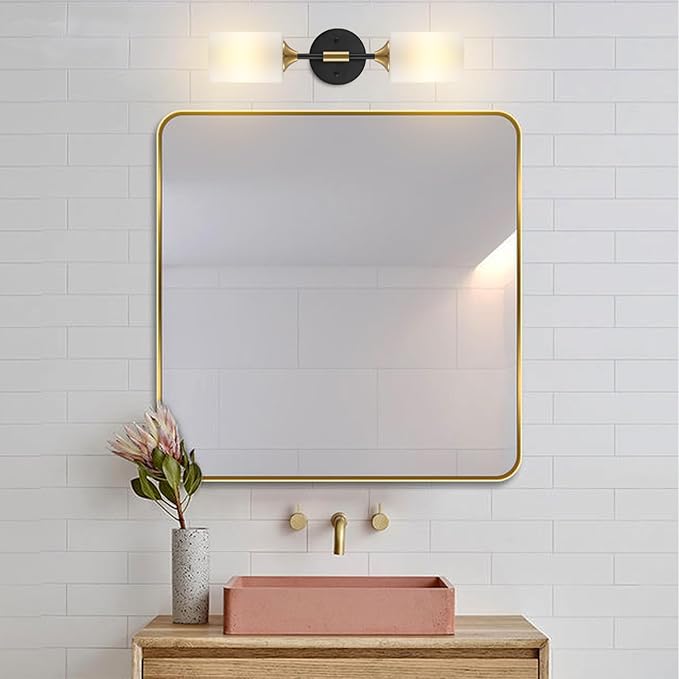 Industrial Mid Century Wall Sconce 2-Lights with White Cylinder Glass Shades Modern Bathroom Vanity Wall Lamp Matte Black and Gold Brushed Brass Finished Wall Light Fixture