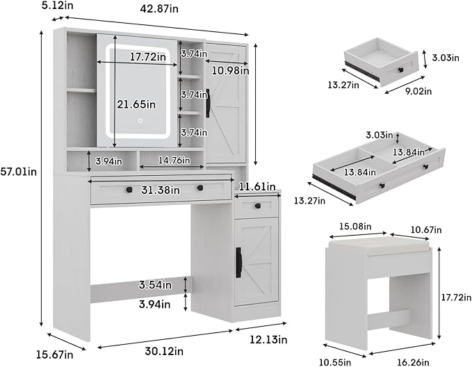 Fameill Vanity Desk with Mirror and Lights, Makeup Vanity Desk with Power Outlet, 2 Drawers & Storage, Vanity Table with Chair & Jewelry Cabinet, for Bedroom (White)