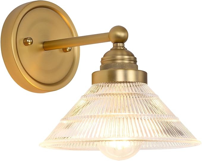 Vintage 1-Light Wall Sconce with Clear Ribbed Glass Shade, Industrial Hardwired Wall Light Fixture for Bedside Living Room Vanity Bathroom Hallway
