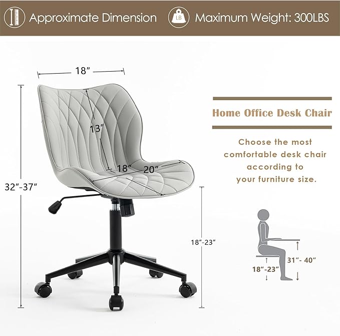 YOUNUOKE Armless Desk Chair Comfy Office Chair with Wheels Home Ergonomic Task Chair Adjustable Computer Chairs Modern Faux Leather Swivel Chair Upholstered Makeup Vanity Chair with Back(Gray)