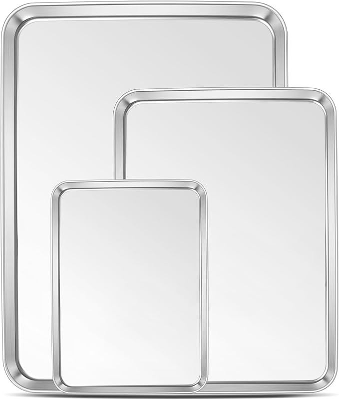 E-far Baking Pans Set of 3, 16/12.5/9.3 Inch Stainless Steel Cookie Sheet Pan for Oven, Bakeware for Brownie Lasagna Casserole Cake, Non Toxic & Easy Clean