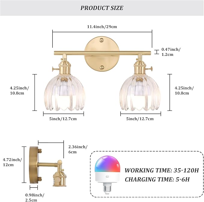 Battery Operated Bathroom Light Fixtures, 2-Light Brass Vanity Wall Light with 5000mAh Rechargeable Bulb Over Mirror with Clear Tulip Glass Shade for Bedroom Living Room
