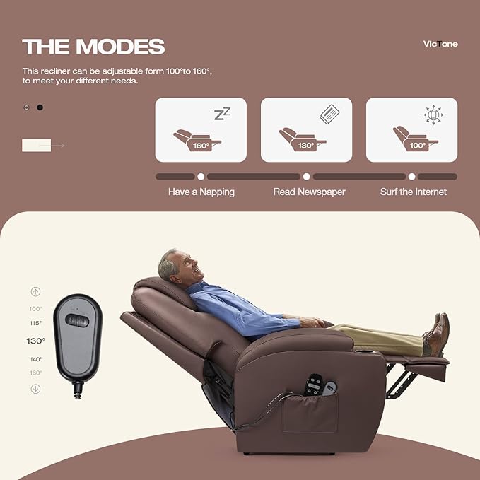 VICTONE Electric Power Lift Recliner Chair for Elderly Reclining Sofa for Living Room with Massage, Side Pockets and Cup Holders (Leather, Brown)