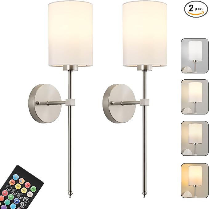 Battery Operated Wall Sconces Set of Two,Wireless Rechargeable Wall Light With Remote Control, Dimmable, 1800K/3000K/4000K/6000K/RGB, Timer, for Living Room, Bedroom, Fireplace, TV, 23.6 Inch, Nickel