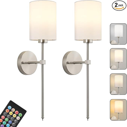 Battery Operated Wall Sconces Set of Two,Wireless Rechargeable Wall Light With Remote Control, Dimmable, 1800K/3000K/4000K/6000K/RGB, Timer, for Living Room, Bedroom, Fireplace, TV, 23.6 Inch, Nickel