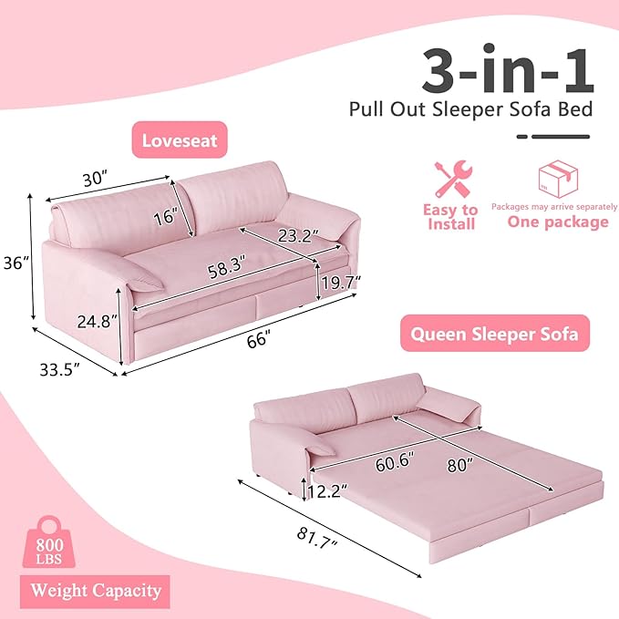66-Inch Queen Size Convertible Sleeper Sofa Bed, 3-in-1 Pull-Out Futon Loveseat, Velvet Love Seat Couch with Side Pocket for Living Room, Office, Apartment, RV, Hide-A-Bed Fold Out Sofa&Couch