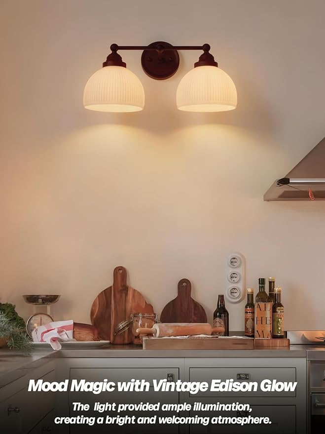 2-Lights Milk White Glass Wall Sconce Lighting Brass Finished, Double Arm Bathroom Vanity Light Fixture for Bedroom Living Room Dining Room Hallway