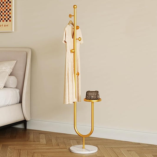 Coat Rack,Metal Free Standing Coat Stand with marble base, Hall Coat Tree with 6 Hooks and Storage Tray,68.9 Inch Tall, for Coats, Hats, Bags, for Entryway, Hallway, Bedroom (gold)