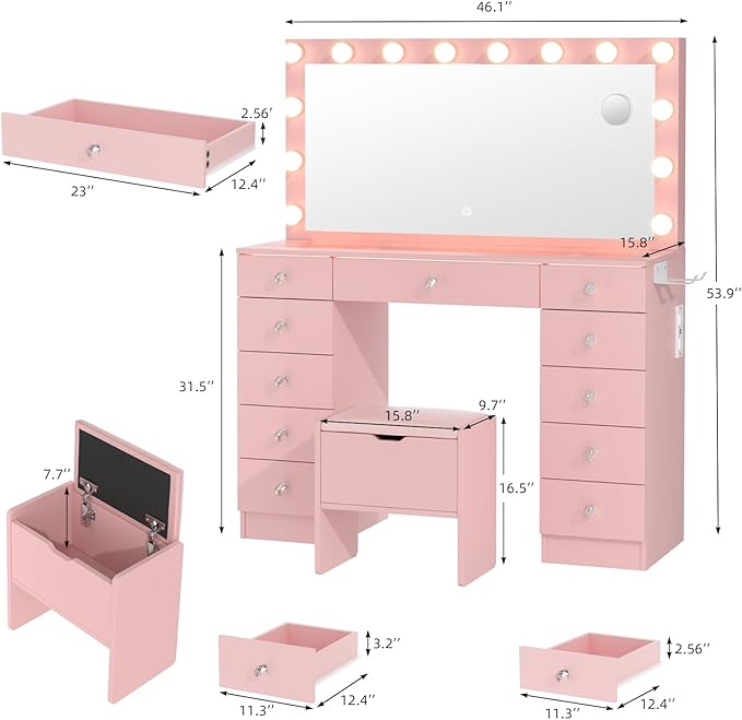 VOWNER Vanity with Lighted Mirror - Makeup Vanity Desk with Glass Top and 11 Drawers, 3 Color Lighting Modes Adjustable Brightness, 46" Vanity Table with Soft Cushioned Stool for Bedroom, Pink