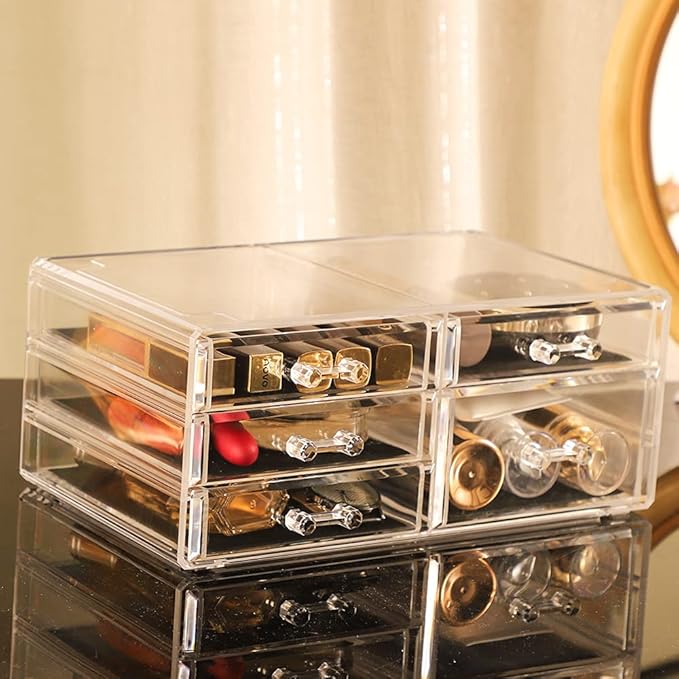 Cq acrylic 3 Pack Clear Make Up Organizer Countertop,Stackable 8 Drawers Makeup Storage,Cute Vanity Organizers for Dresser Hair Clip,Jewelry,Beauty Product Desk and Bathroom Organizers and Storage