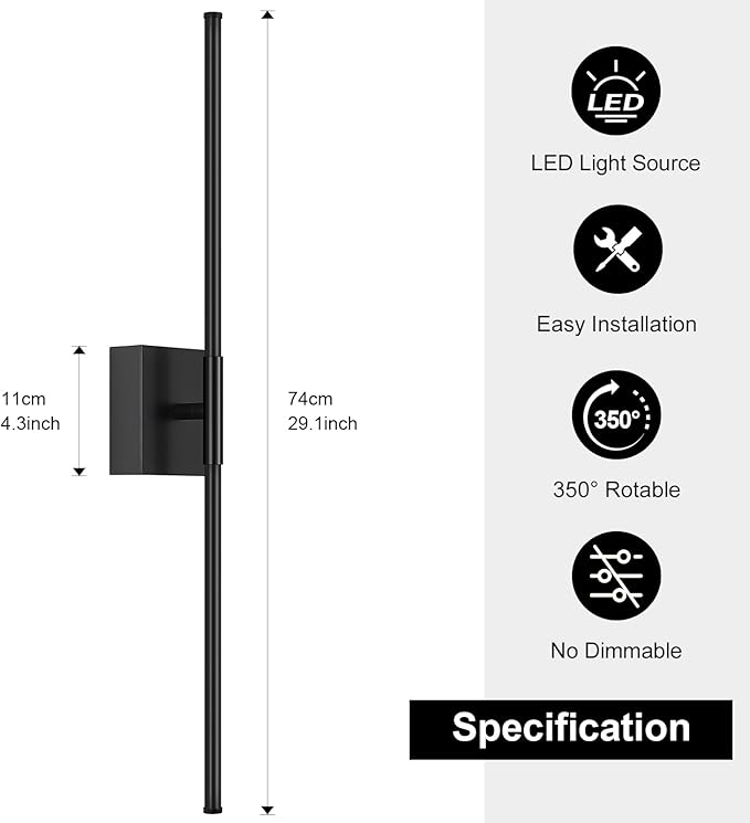 Black Hardwired Wall Sconces, Modern Wall Light, 29.1 Inch Not Dimmable Wall Light Fixtures, 350° Rotate LED Wall Lamp for Bedroom, Living Room, Bathroom, Hallway