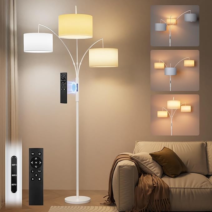 36W LED Arc Floor Lamp with 3 White Fabric Shades, 3001LM Super Bright Standing Lamp with Remote Control & Touch, Stepless Dimming, Individual Light Control for Living Room, Bedroom