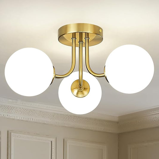 3-Globe Gold Semi Flush Mount Ceiling Light in a Modern Farmhouse Design is Ideal for Living Rooms, Bedrooms, or Dining Rooms. Model:CKCL4845-3W-PG