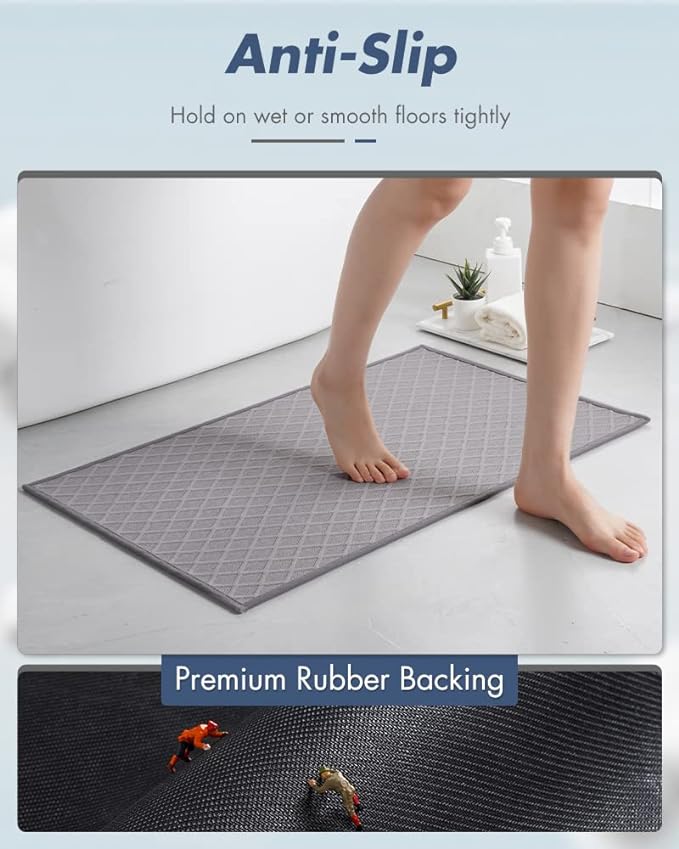 AMOAMI Ultra Thin Bathroom Rugs, Rubber Backed Bath Mats for Bathroom Non Slip, Absorbent Bathroom Mat for Floor, Shower, Sink(20"x 32", Grey)