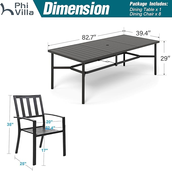 PHI VILLA 9 Pieces Outdoor Dining Set for 8, Large Rectangular Metal Table with Umbrella Hole & Stackable Wrought Iron Chairs, Dining Furniture for Patio, Deck, Yard, Porch