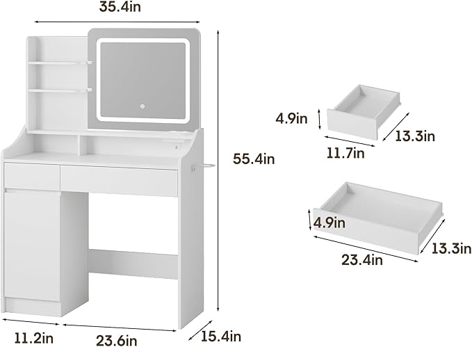 Vabches Makeup Vanity Desk with Mirror and Lights, White Vanity Table with Lighted Mirror & Power Outlet, Makeup Desk with 2 Drawers and Cabinet, for Bedroom