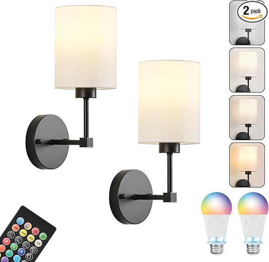 Battery Operated Wall Sconce Set of Two,Wireless Rechargeable Wall Light With Remote Control, Dimmable, 1800K/3000K/4000K/6000K/RGB, Timer, for Living Room, Bedroom, Fireplace, TV, 13.5 Inch, Black