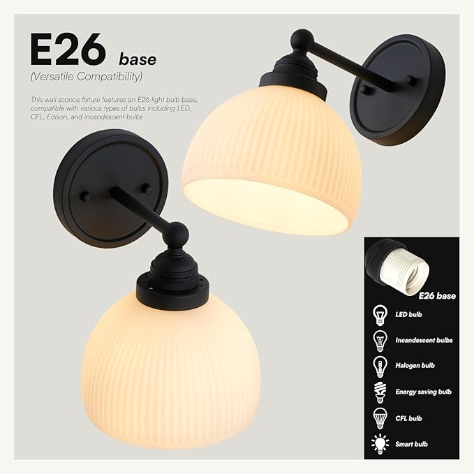 Vintage Wall Sconce 1-Light with White Striped Glass Globe Shade, Indoor Wall Mounted Lamp Fixture for Living Room Bedroom Kitchen Hallway