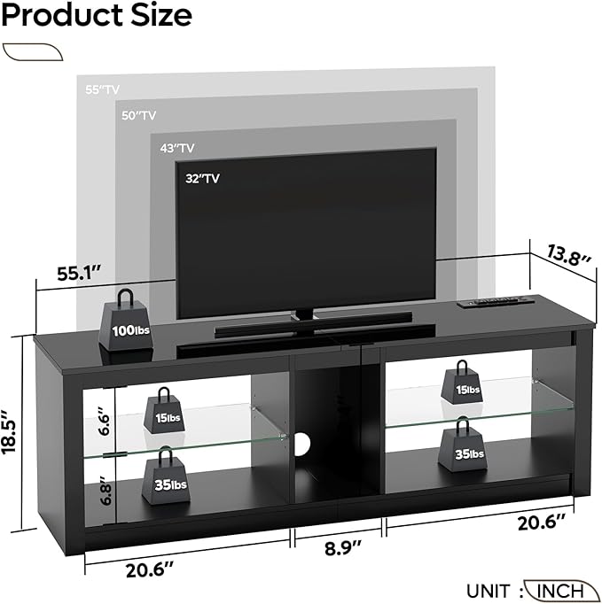Bestier LED TV Stand for 55/60/65 Inch TV, High Gloss Gaming TV Stand with Power Outlet, Black Entertainment Center with Storage for Living Room, Bedroom, 55 Inch TV Console with Adjustable Shelves