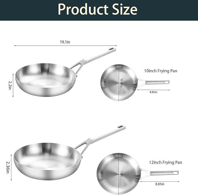 Tri-Ply Stainless Steel Frying Pan Set, 10 Inch and 12Inch, Skillet set, Fast Even Heat, Cooking Pan 10" 12", Induction Ready Egg Pan, Compatible with All Cooktops Up to 600℉