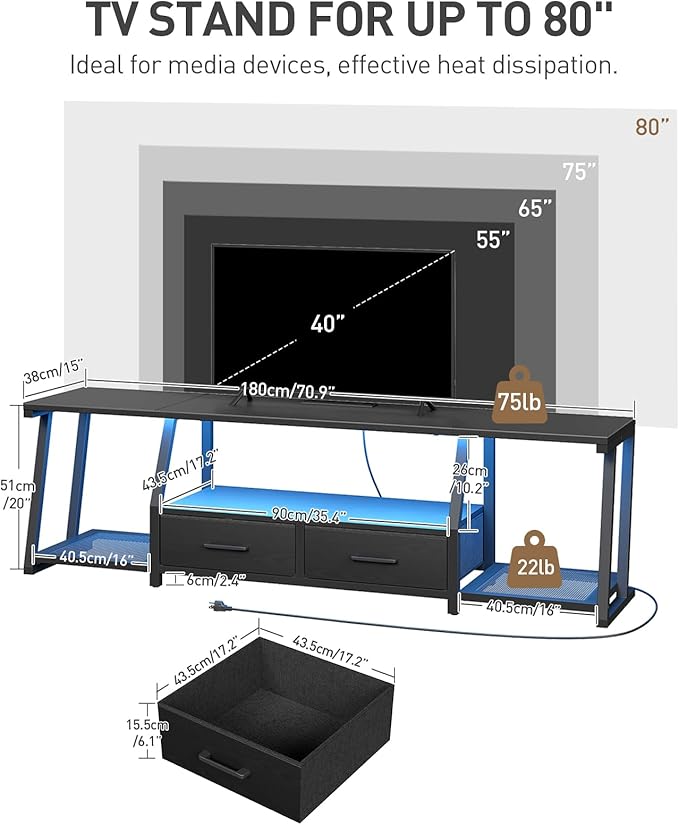 LED TV Stand with Fabric Drawers for 80 Inch TV, Entertainment Center with Power Outlets and Open Storage Shelves, Industrial Media TV Console Table for Living Room, Bedroom, Black