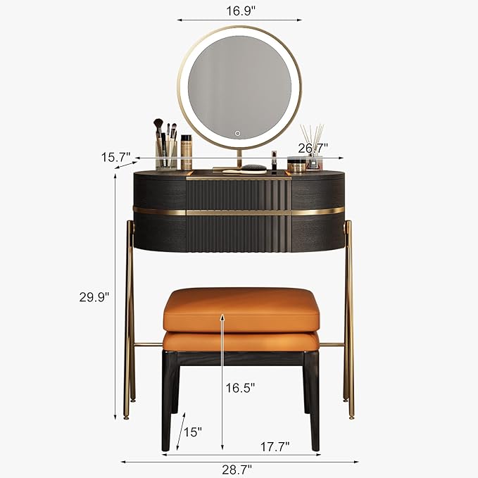 Makeup Vanity with Mirror and Lights - with LED Mirror,Glass Top for Bedroom,Stainless Steel Foot，White Wax Wood Stool