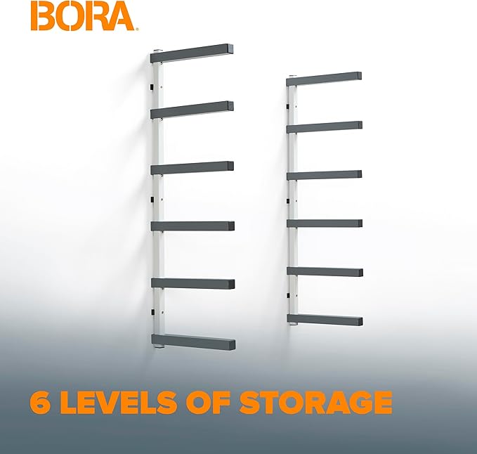 Bora 6 Level Lumber Storage Rack Wood and Garage Organization Space Saving Metal Shelf for Pipes, Boards, Plywood, and Building Materials - PBR-0620 White Gray