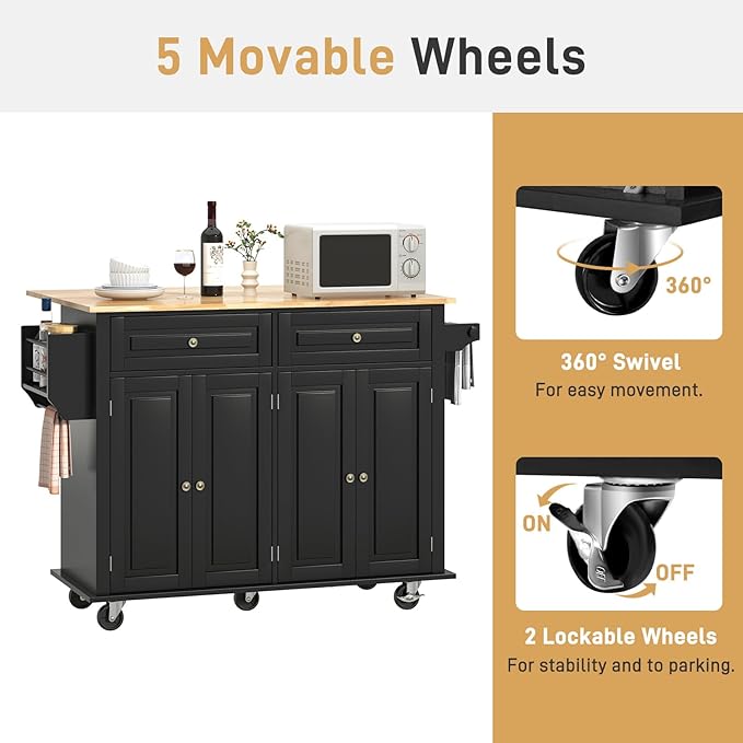 51.2" Movable Kitchen Island with Drop Leaf and Power Outlet, Rolling Island Cart w/Storage Cabinet, Island Table on Wheels for Kitchen w/2 Drawers, Spice Rack, Towel Bar, Garage Hook, Black