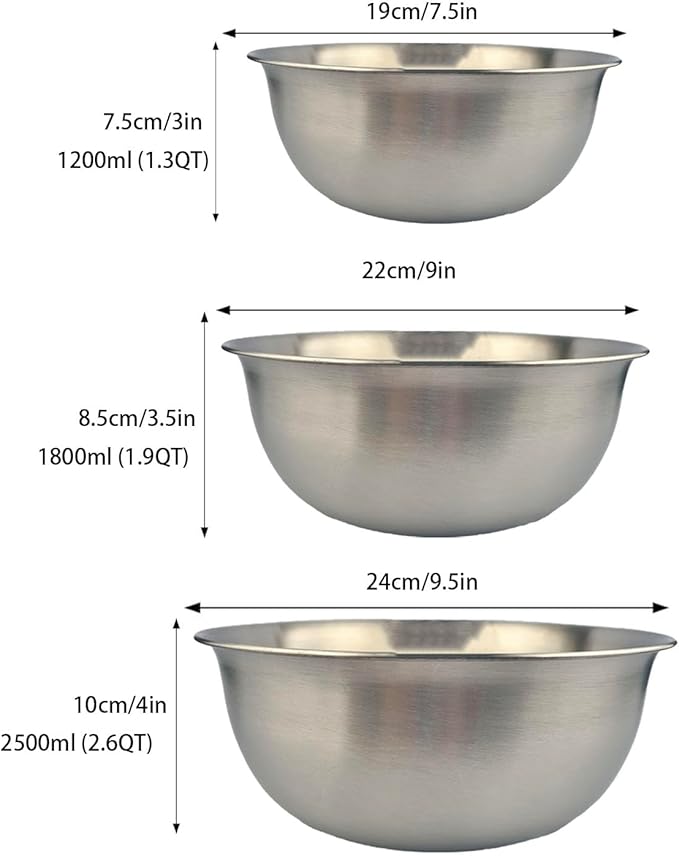 Stainless Steel Mixing Bowl Thickened 3-Piece Set, Nested Flat Bottom 1.3QT (1200ml)/1.9QT (1800ml)/2.6QT (2500ml) Kitchen Food Storage Organizer for Baking, Salad Prep, Vegetable Washing (Silver)